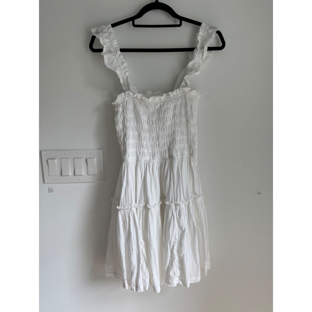 Aerie White Smocked Tiered Mini Dress Ruffle Strap Gauze Womens M